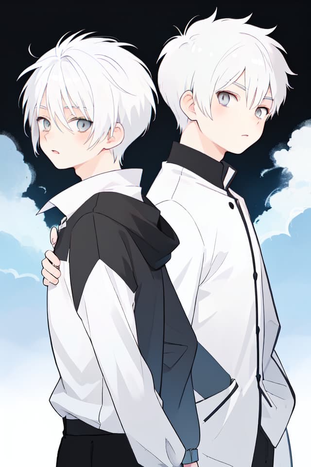  Anime style, boy, white hair, wolf cut hair