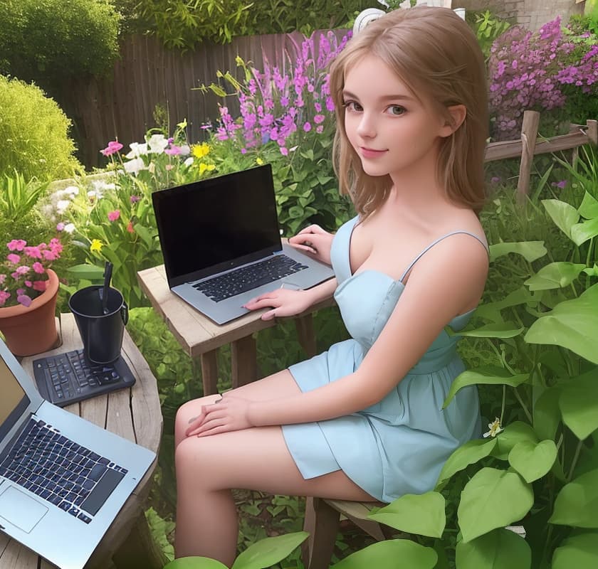  Beautiful girl sits working on the laptop in the garden