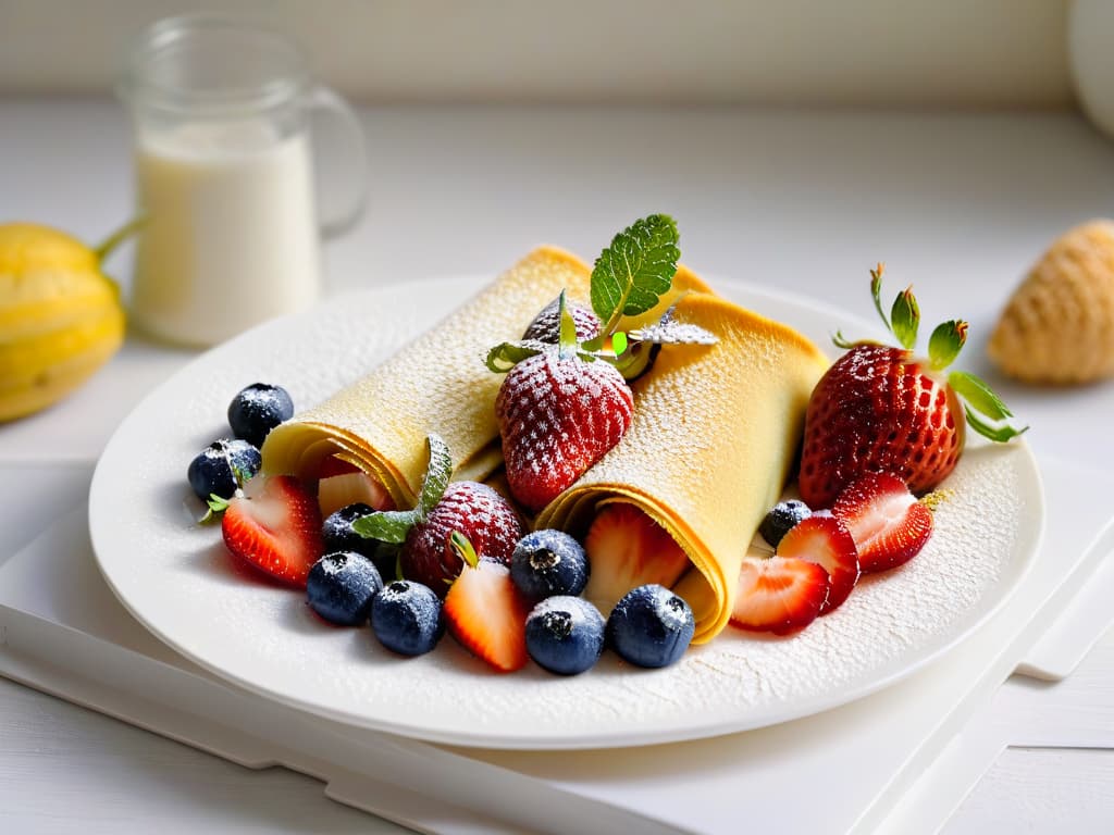  A closeup, ultradetailed image of a perfectly folded, goldenbrown crepe filled with vibrant, fresh fruits like strawberries, blueberries, and slices of banana. The crepe is dusted with a light sprinkling of powdered sugar and garnished with a few mint leaves, all presented on a sleek, modern white plate against a soft, blurred background to highlight the crepe's textures and colors. hyperrealistic, full body, detailed clothing, highly detailed, cinematic lighting, stunningly beautiful, intricate, sharp focus, f/1. 8, 85mm, (centered image composition), (professionally color graded), ((bright soft diffused light)), volumetric fog, trending on instagram, trending on tumblr, HDR 4K, 8K