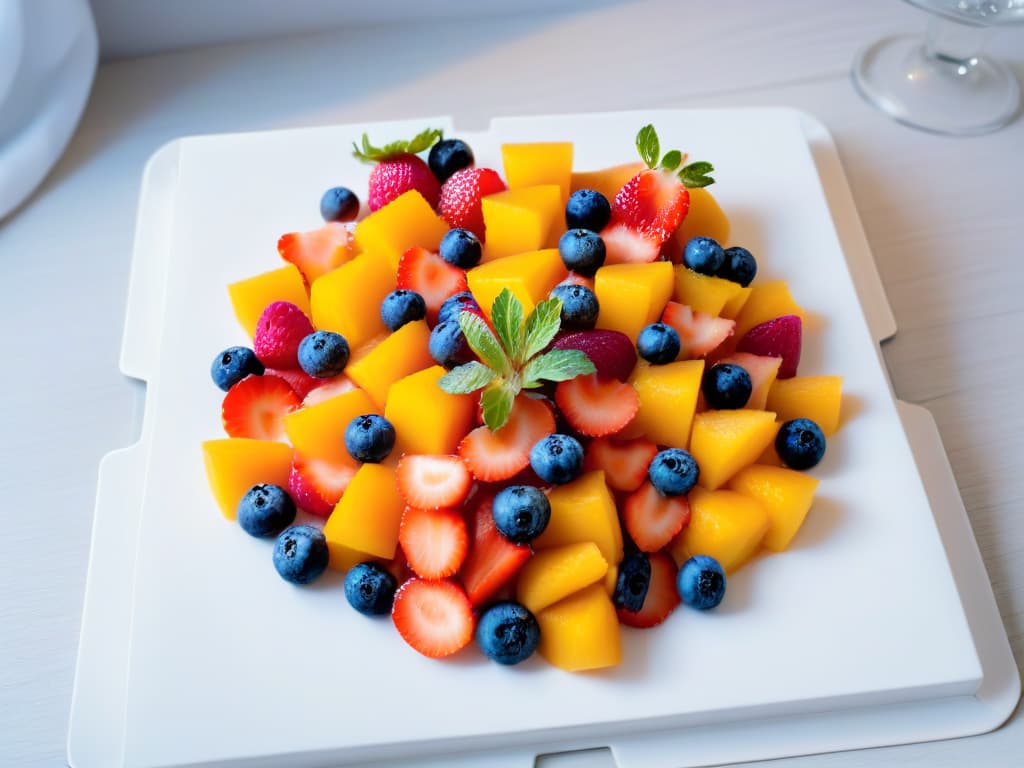  An elegant, minimalistic image of a vibrant fruit salad arranged in a perfectly balanced and visually appealing manner, showcasing a harmonious blend of colors and flavors. The fruits are meticulously sliced and artfully arranged on a sleek, white platter, creating a visually stunning display that embodies the concept of balancing flavors and colors in culinary art. hyperrealistic, full body, detailed clothing, highly detailed, cinematic lighting, stunningly beautiful, intricate, sharp focus, f/1. 8, 85mm, (centered image composition), (professionally color graded), ((bright soft diffused light)), volumetric fog, trending on instagram, trending on tumblr, HDR 4K, 8K