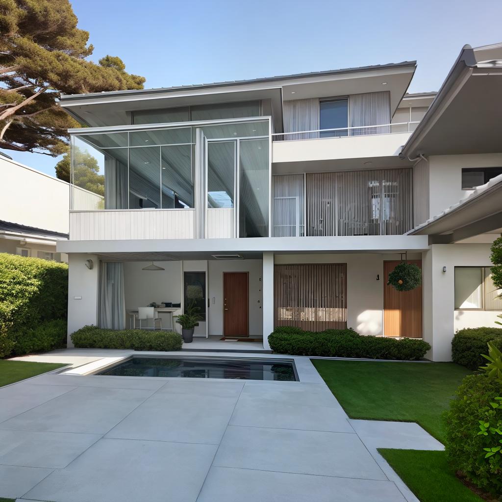  masterpiece, best quality,hyper realistic eye level exterior photo of a mid century modern style house overlooking the ocean, daylight, indirect lighting, AD magazine, Frank Lloyd, Eames, Mies van der Rohe,