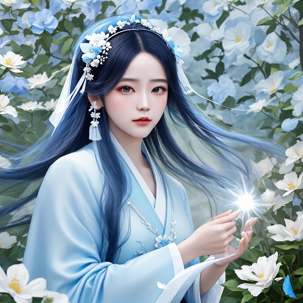  masterpiece, best quality, (Fidelity: 1.4), Best Quality, Masterpiece, Ultra High Resolution, Poster, Fantasy Art, Very Detailed Faces, 8k resolution, Chinese Style, An woman, Side Face, Quiet, Light Blue Hanfu, Tulle Coat, Long Black Hair, Light Blue Fringed Hair Ornament, Hairpin, White Ribbon, White Flower Bush, Light Blue Butterfly Flying, cinematic lighting effects