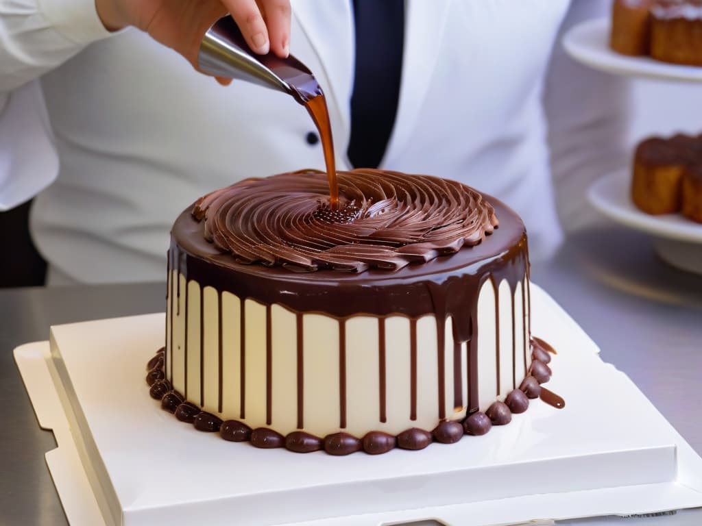  A closeup, ultradetailed image of a glossy chocolate ganache being poured over a perfectly smooth and shiny mirror glaze cake, capturing the intricate ripples and reflections in the glaze as it cascades down the sides of the cake. The contrast between the dark chocolate and the vibrant colors of the glaze creates a mesmerizing visual effect, showcasing the precise temperature control required for achieving such a flawless finish in pastry creations. hyperrealistic, full body, detailed clothing, highly detailed, cinematic lighting, stunningly beautiful, intricate, sharp focus, f/1. 8, 85mm, (centered image composition), (professionally color graded), ((bright soft diffused light)), volumetric fog, trending on instagram, trending on tumblr, HDR 4K, 8K