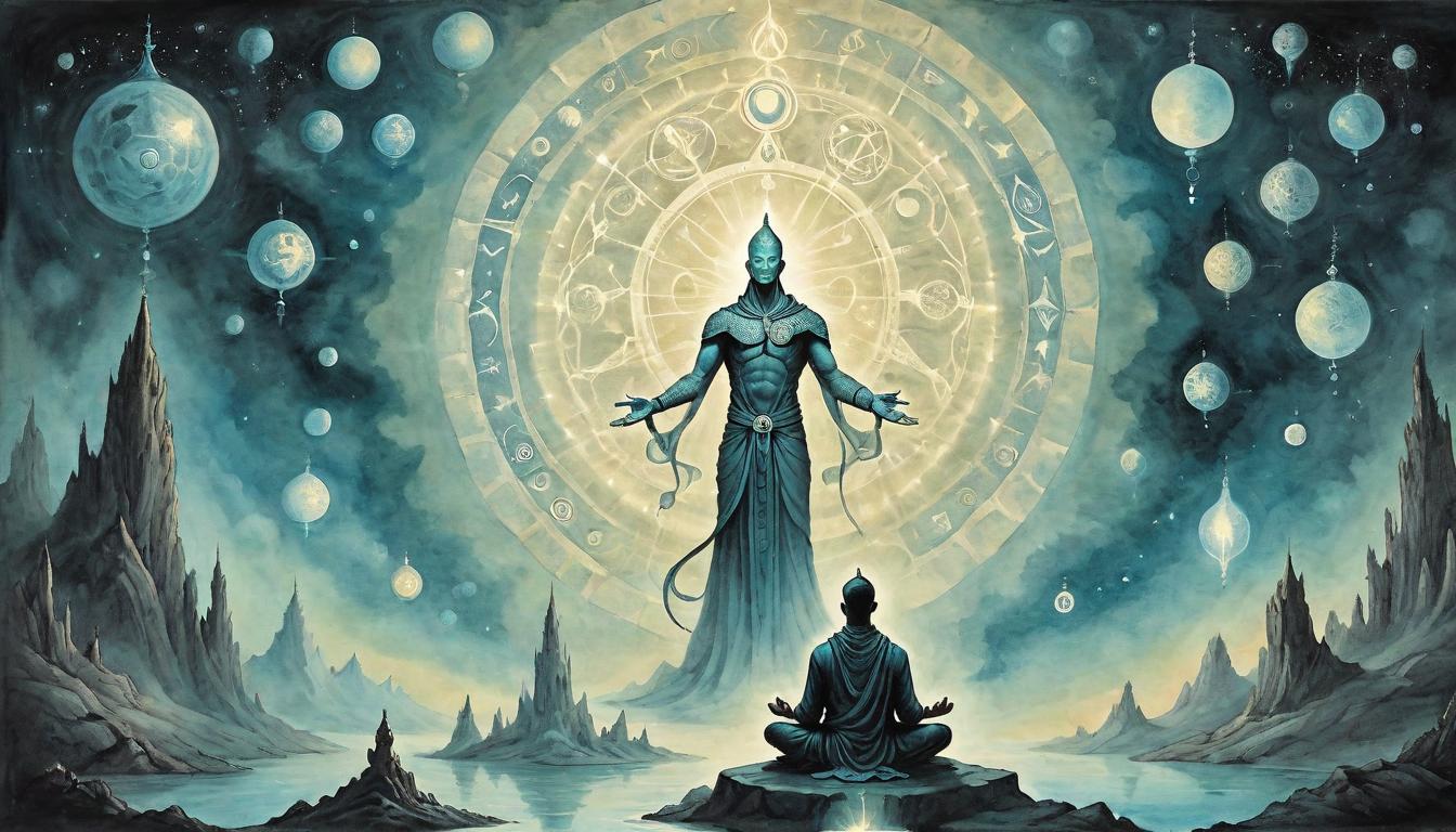  on parchment, surrealism+++, human figure in deep meditation surrounded by faint glowing orbs, reptilian figure standing guard, celestial symbols hovering, aura of commitment, mystical, tranquil(mysterious, provocative, symbolic,muted color)+++