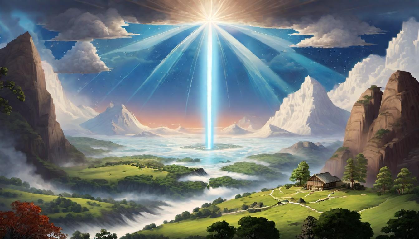  digital painting of The heavens and earth connected by a divine beam, illustrating the Ark's symbolism, aura of sacred link looking at viewer, dynamic pose, (intricate details, masterpiece, best quality)