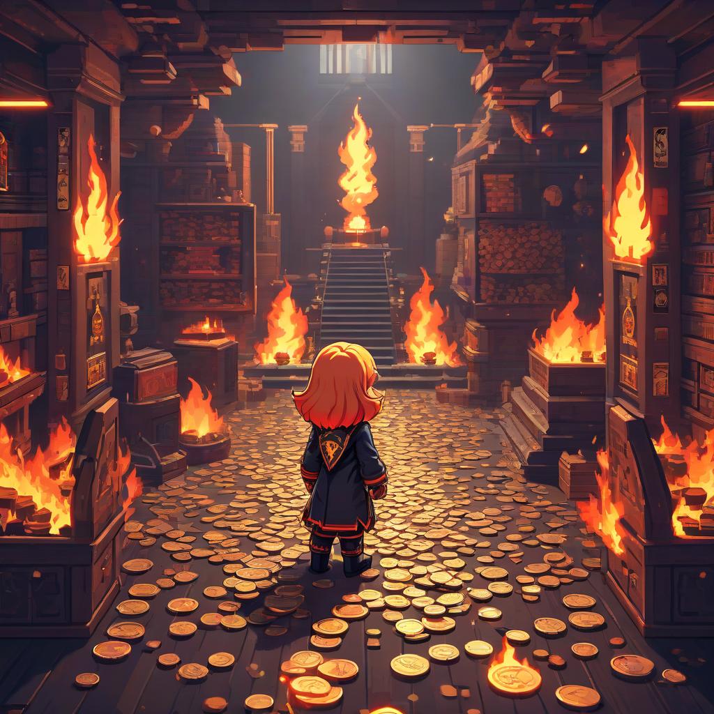  pixel art 8 bits, penny in the middle, game token, many coins on the floor, fire, energy . low res, blocky, pixel art style, 8 bit graphics hyperrealistic, full body, detailed clothing, highly detailed, cinematic lighting, stunningly beautiful, intricate, sharp focus, f/1. 8, 85mm, (centered image composition), (professionally color graded), ((bright soft diffused light)), volumetric fog, trending on instagram, trending on tumblr, HDR 4K, 8K