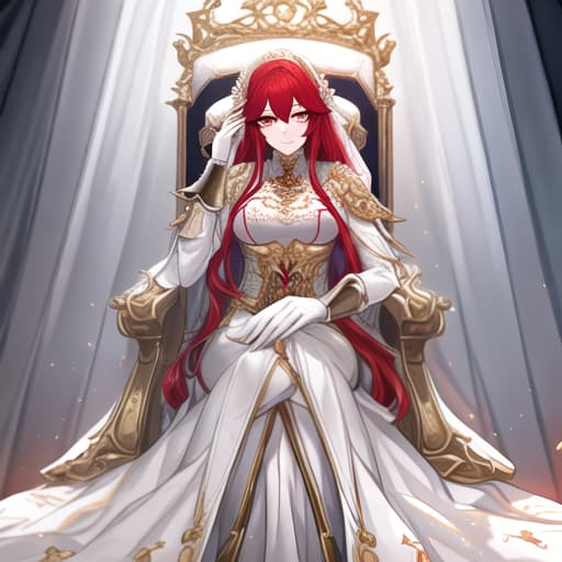  a girl manhua character with red hair and white eyes with white skin wearing noble dress and siting on the throne hyperrealistic, full body, detailed clothing, highly detailed, cinematic lighting, stunningly beautiful, intricate, sharp focus, f/1. 8, 85mm, (centered image composition), (professionally color graded), ((bright soft diffused light)), volumetric fog, trending on instagram, trending on tumblr, HDR 4K, 8K