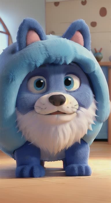  {Max snuggled up in his comfy dog bed inside the house, fast asleep, The big blue dog is large with sky blue fur, big round eyes, a black nose, and floppy ears.