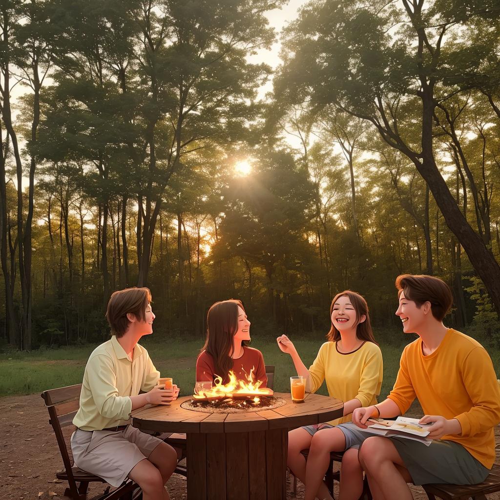  masterpiece, best quality, a secluded forest clearing, a golden sunset casts a warm glow over a group of friends gathered around a bonfire. The air is filled with laughter and conversation, as they enjoy each other's company in the peaceful serenity of nature. The atmosphere is relaxed and carefree, with a sense of camaraderie and connection. The style of the photograph is natural and candid, capturing the genuine emotions and interactions between the friends. The realization of the image is reminiscent of vintage film, with warm tones and a soft, nostalgic feel. The photograph brings to life the joy and happiness of friendship in the beauty of the natural world.