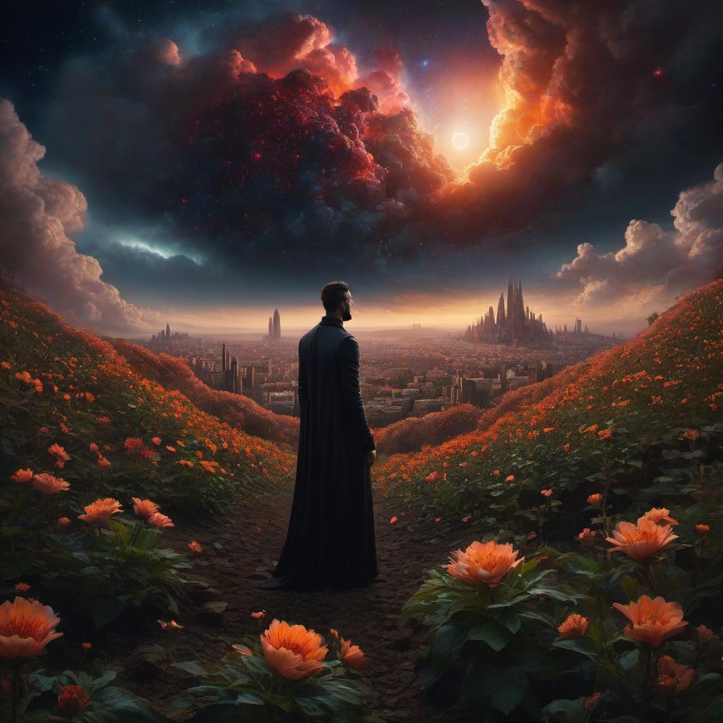  (stylized by Tomasz Alen Kopera:1.3) , dark art, dense flower field and Perseid meteor in background, landscape of a (Barcelona:1.2) , very Bizarre and 1600'S, Hurricane, Glitchcore, Amaro, layered textures, ornate, intricate artistic color, complimentary colors, very inspirational, atmosphere, fine artistic composition, sunny, theatrical hyperrealistic, full body, detailed clothing, highly detailed, cinematic lighting, stunningly beautiful, intricate, sharp focus, f/1. 8, 85mm, (centered image composition), (professionally color graded), ((bright soft diffused light)), volumetric fog, trending on instagram, trending on tumblr, HDR 4K, 8K