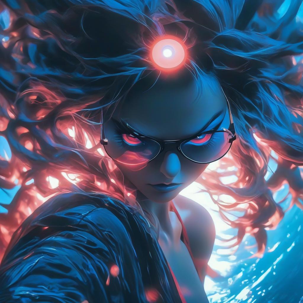  A girl with rosy eyes stands before a blue light, anime epic artworks, technological sun glasses, malicious, brightly blue shining water, rage, black circular glasses, ALL BLUE. hyperrealistic, full body, detailed clothing, highly detailed, cinematic lighting, stunningly beautiful, intricate, sharp focus, f/1. 8, 85mm, (centered image composition), (professionally color graded), ((bright soft diffused light)), volumetric fog, trending on instagram, trending on tumblr, HDR 4K, 8K