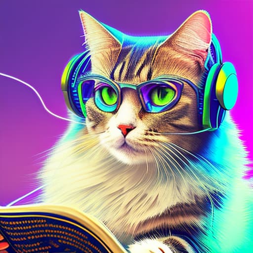 nvinkpunk Realistic image of a cat wearing headphones and reading glasses while riding a bus. hyperrealistic, full body, detailed clothing, highly detailed, cinematic lighting, stunningly beautiful, intricate, sharp focus, f/1. 8, 85mm, (centered image composition), (professionally color graded), ((bright soft diffused light)), volumetric fog, trending on instagram, trending on tumblr, HDR 4K, 8K