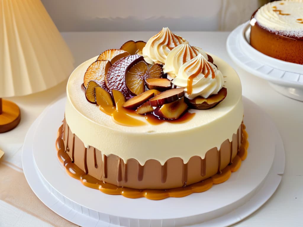  A closeup, ultradetailed image of a moist and decadent Tres Leches cake, featuring a perfectly smooth and creamy texture on top, with three distinct layers visible underneath sponge cake soaked in three types of milk, drizzled with caramel sauce, and topped with a delicate dusting of cinnamon. The lighting is soft and warm, showcasing the glossy finish of the cake, set against a simple, elegant backdrop to emphasize the cake's texture and richness. hyperrealistic, full body, detailed clothing, highly detailed, cinematic lighting, stunningly beautiful, intricate, sharp focus, f/1. 8, 85mm, (centered image composition), (professionally color graded), ((bright soft diffused light)), volumetric fog, trending on instagram, trending on tumblr, HDR 4K, 8K