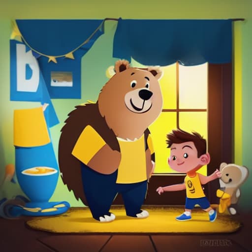  a boy with yellow shirt, short brown hair, blue shorts is standing next to a bear, in the cabin, dim light