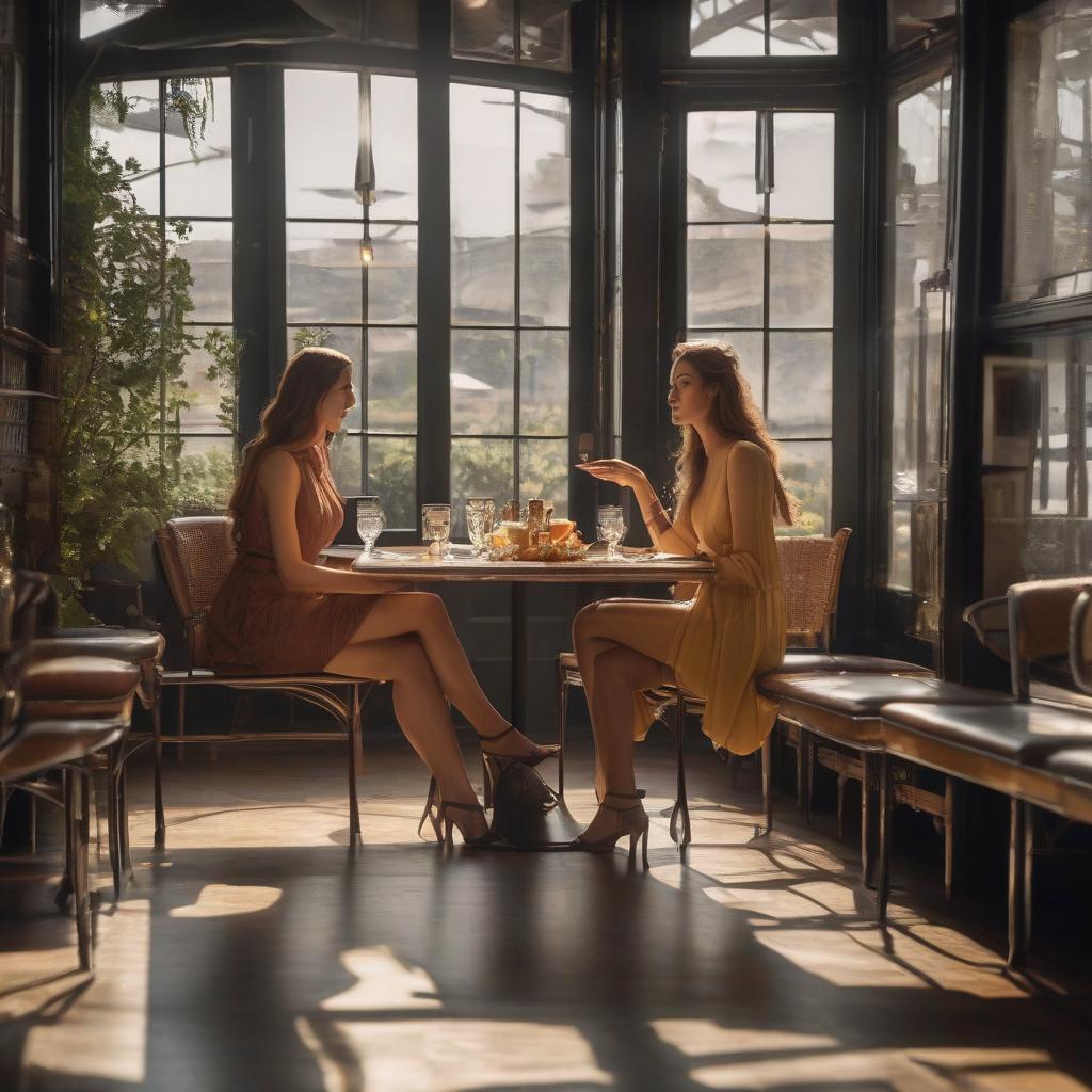  Girls are talking in the cafe wearing dresses. Bright summer day. hyperrealistic, full body, detailed clothing, highly detailed, cinematic lighting, stunningly beautiful, intricate, sharp focus, f/1. 8, 85mm, (centered image composition), (professionally color graded), ((bright soft diffused light)), volumetric fog, trending on instagram, trending on tumblr, HDR 4K, 8K