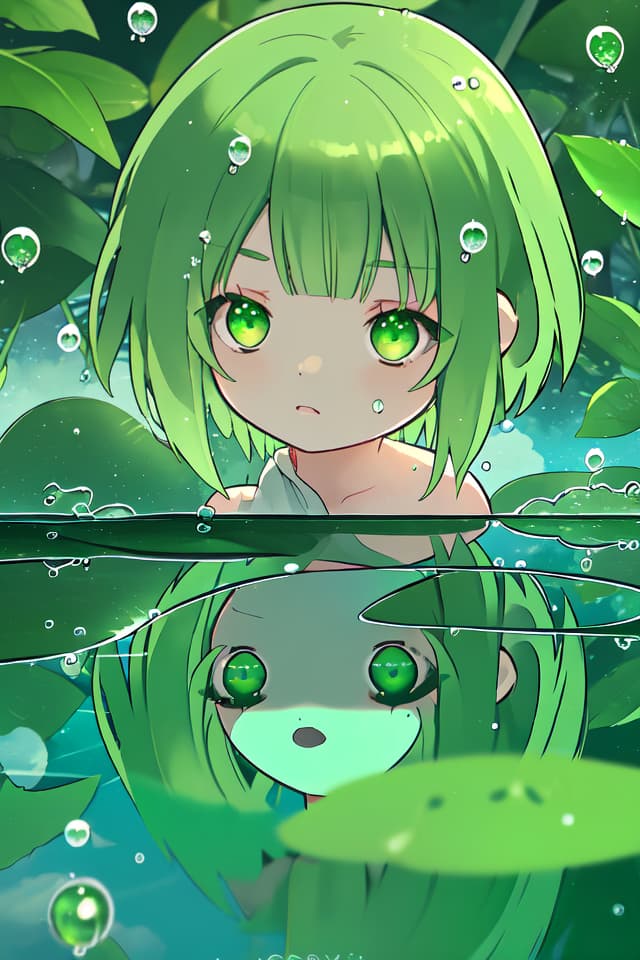  Green hair character reflected in water drops