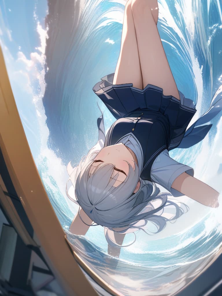  ultra detailed:1.2masterpiece:1.2,best quality,masterpiece,bestquality,hdr:1.1,8k:1.1,very cute girl:1.3,closed eyes:1.1,(fullbody:1.2)(falling sea:1.3),(splash:1.3),(flip upside down:1.7),school uniform:1.4,from front:1.4,open dot mouth,sleep eyes :,closed legs:1.41.3,arms down:1.3, masterpiece, best quality,8k,ultra detailed,high resolution,an extremely delicate and beautiful,hyper detail