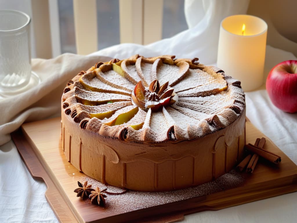  An ultradetailed, minimalist image of a freshly baked spiced apple cake sitting on a rustic wooden table, surrounded by cinnamon sticks, cloves, and scattered apple slices. The cake is golden brown with a dusting of powdered sugar on top, emitting a warm, inviting aroma. The soft winter light filtering through a nearby window casts a gentle glow on the scene, creating a cozy and comforting atmosphere perfect for enjoying a slice of this seasonal treat. hyperrealistic, full body, detailed clothing, highly detailed, cinematic lighting, stunningly beautiful, intricate, sharp focus, f/1. 8, 85mm, (centered image composition), (professionally color graded), ((bright soft diffused light)), volumetric fog, trending on instagram, trending on tumblr, HDR 4K, 8K