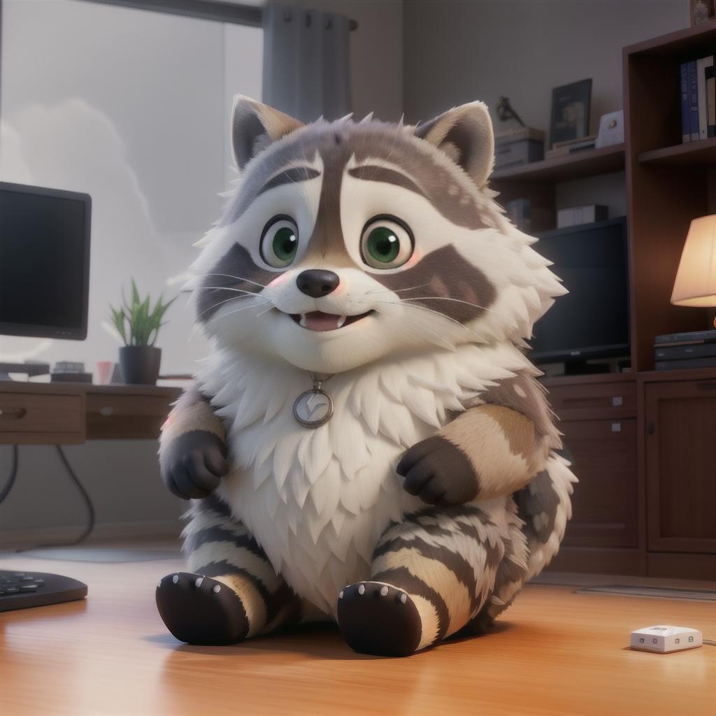  raccoon sitting in gaming chair front a computer on desktop, ((semi anthropomorphic)),(full body), tail, belly, sitting, fat, (chubby), (((white background))), solo, desktop, gaming chair, side view,  [[[clothes]]] hyperrealistic, full body, detailed clothing, highly detailed, cinematic lighting, stunningly beautiful, intricate, sharp focus, f/1. 8, 85mm, (centered image composition), (professionally color graded), ((bright soft diffused light)), volumetric fog, trending on instagram, trending on tumblr, HDR 4K, 8K