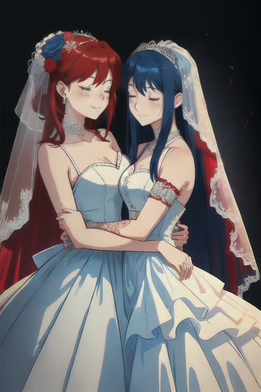  ((Red Short -haired Girl & Blue Long Hair Girl)) 1.5, ((hugging facing each other)), (kissing with your eyes closed and entangled), (Connect Cheek to Cheek), (((() , Wedding dress), smile
