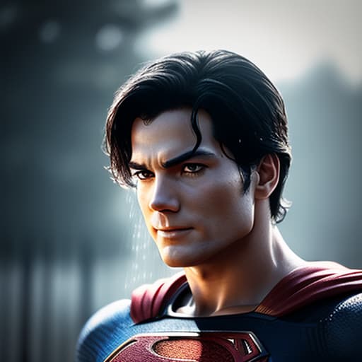  mj, cinematic ,closeup photo of superman standing under the rain , 8k, super detailed ,ultra realistic