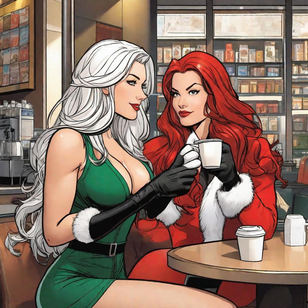  Felicia Hardy, young face, long white hair, white fur collar, gloves, no bra, black jumpsuit, unzipped, bigger breaststl, and Mary Jane Watson, red hair, green sweater, drinking coffee at Starbucks, comic, comic, comic, comic, comic, comic, comic