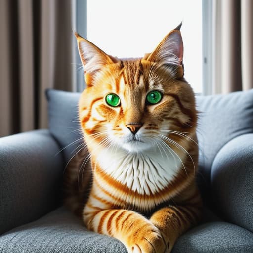  отправь изображение,в котором сидит котA fluffy, orange tabby cat gracefully sits on a comfortable, armchair with white and navy blue patterns. It looks straight ahead with its almond-shaped green eyes while resting on its front paws, gently blinking as it gazes into the void. Golden sunlight streams through a nearby window, illuminating the cat's fur and casting playful shadows around the room. The entire scene exudes warmth and coziness, perfect for capturing the peaceful nature of this lovely feline companion. hyperrealistic, full body, detailed clothing, highly detailed, cinematic lighting, stunningly beautiful, intricate, sharp focus, f/1. 8, 85mm, (centered image composition), (professionally color graded), ((bright soft diffused light)), volumetric fog, trending on instagram, trending on tumblr, HDR 4K, 8K