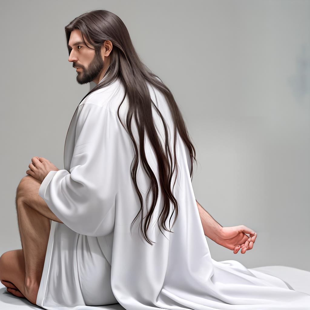  A long-haired man in a white robe meditates with his back to him