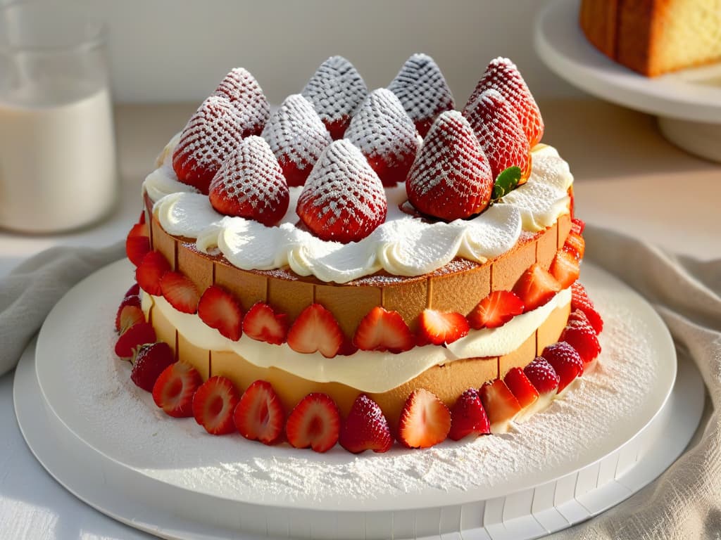  An exquisitely detailed 8k ultradetailed image of a perfectly goldenbrown, intricately layered Mary Berryinspired Victoria Sponge cake, adorned with fresh strawberries and a dusting of powdered sugar. The cake sits on a delicate white porcelain cake stand against a soft, blurred background, highlighting its elegant simplicity and inviting texture. hyperrealistic, full body, detailed clothing, highly detailed, cinematic lighting, stunningly beautiful, intricate, sharp focus, f/1. 8, 85mm, (centered image composition), (professionally color graded), ((bright soft diffused light)), volumetric fog, trending on instagram, trending on tumblr, HDR 4K, 8K