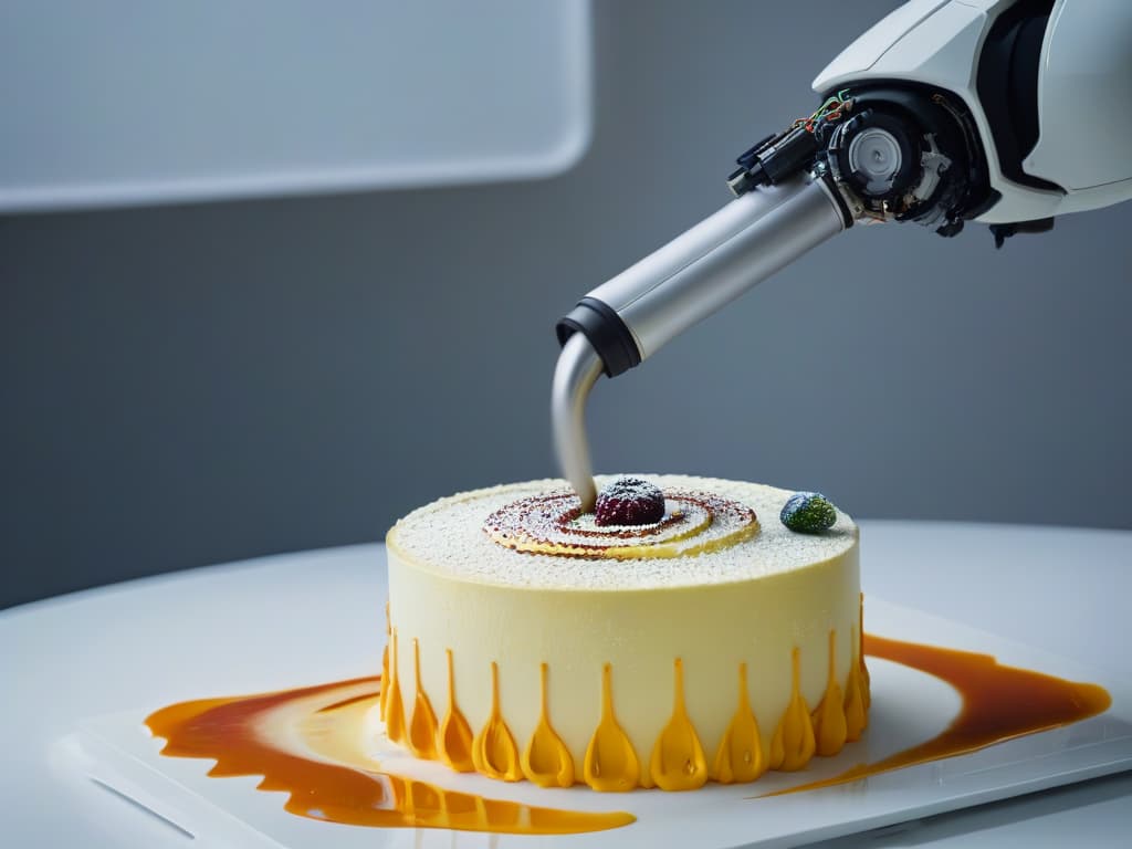  An ultradetailed closeup image of a sleek robotic arm delicately piping intricate designs on a colorful and meticulously decorated dessert. The robot's metallic surface reflects the vibrant hues of the dessert, with precision and elegance captured in every movement. The background is blurred, emphasizing the futuristic and professional aspect of the robotic technology utilized in dessert customization. hyperrealistic, full body, detailed clothing, highly detailed, cinematic lighting, stunningly beautiful, intricate, sharp focus, f/1. 8, 85mm, (centered image composition), (professionally color graded), ((bright soft diffused light)), volumetric fog, trending on instagram, trending on tumblr, HDR 4K, 8K