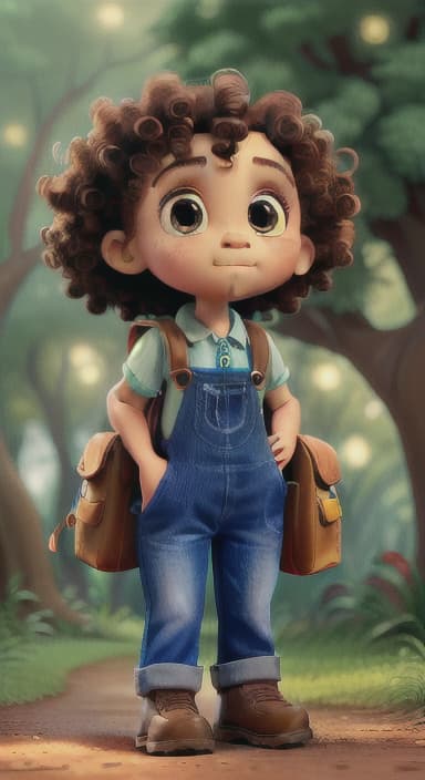  {The tree with a twinkling eye, while its leaves gently rustle., Riley, a curious with big brown eyes and curly hair, wearing overalls and carrying a small backpack. Their friend, Skye, a bluebird with shiny feathers.