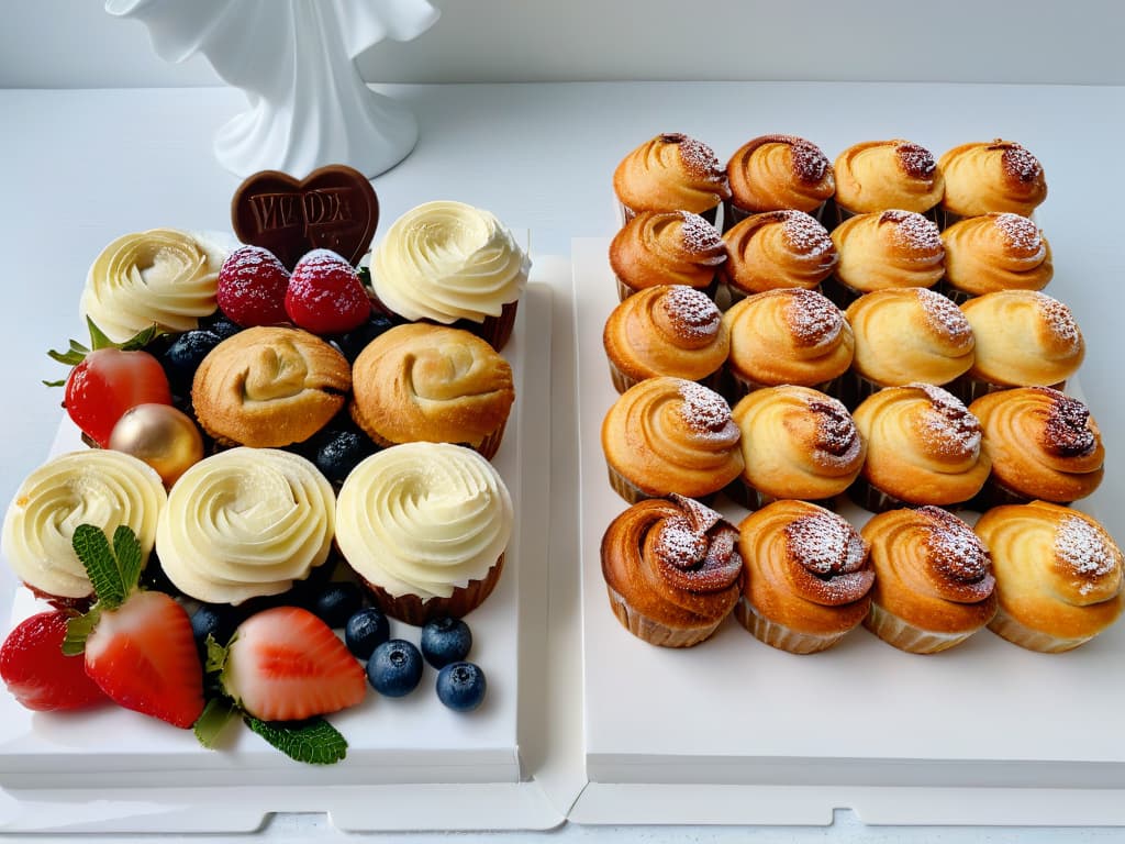  A beautifully arranged minimalist flat lay image showcasing an assortment of freshly baked vegan and glutenfree pastries on a sleek marble countertop. The display includes an array of goldenbrown muffins, delicate cookies with chocolate drizzle, and a perfectly frosted vanilla cake adorned with fresh berries. The pastries are elegantly arranged with sprigs of mint for a pop of color, creating a visually stunning and appetizing composition that perfectly complements the theme of inclusive sweetness in vegan and glutenfree baking. hyperrealistic, full body, detailed clothing, highly detailed, cinematic lighting, stunningly beautiful, intricate, sharp focus, f/1. 8, 85mm, (centered image composition), (professionally color graded), ((bright soft diffused light)), volumetric fog, trending on instagram, trending on tumblr, HDR 4K, 8K