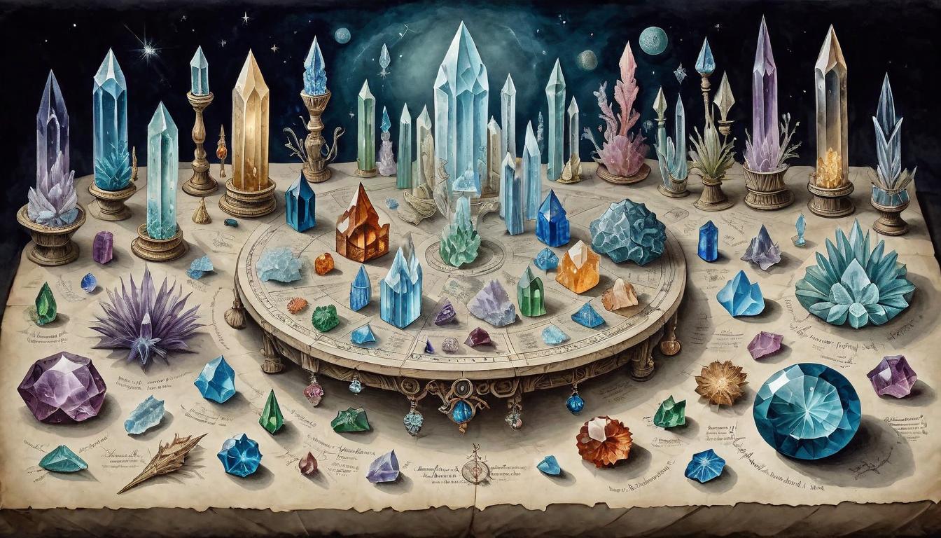  on parchment, surrealism+++, Table filled with a variety of crystals, each one emitting faint ethereal light, arranged in intricate patterns, cosmic, serene, radiant(mysterious, provocative, symbolic,muted color)+++