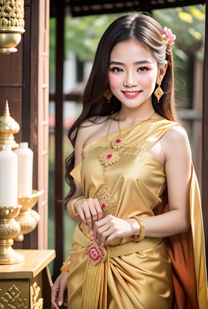  A girl ,smile,long hair, sabai,jewelry,thailand tradition dress ADVERTISING PHOTO,high quality, good proportion, masterpiece CUTE GIRL, The image is captured with an 8k camera