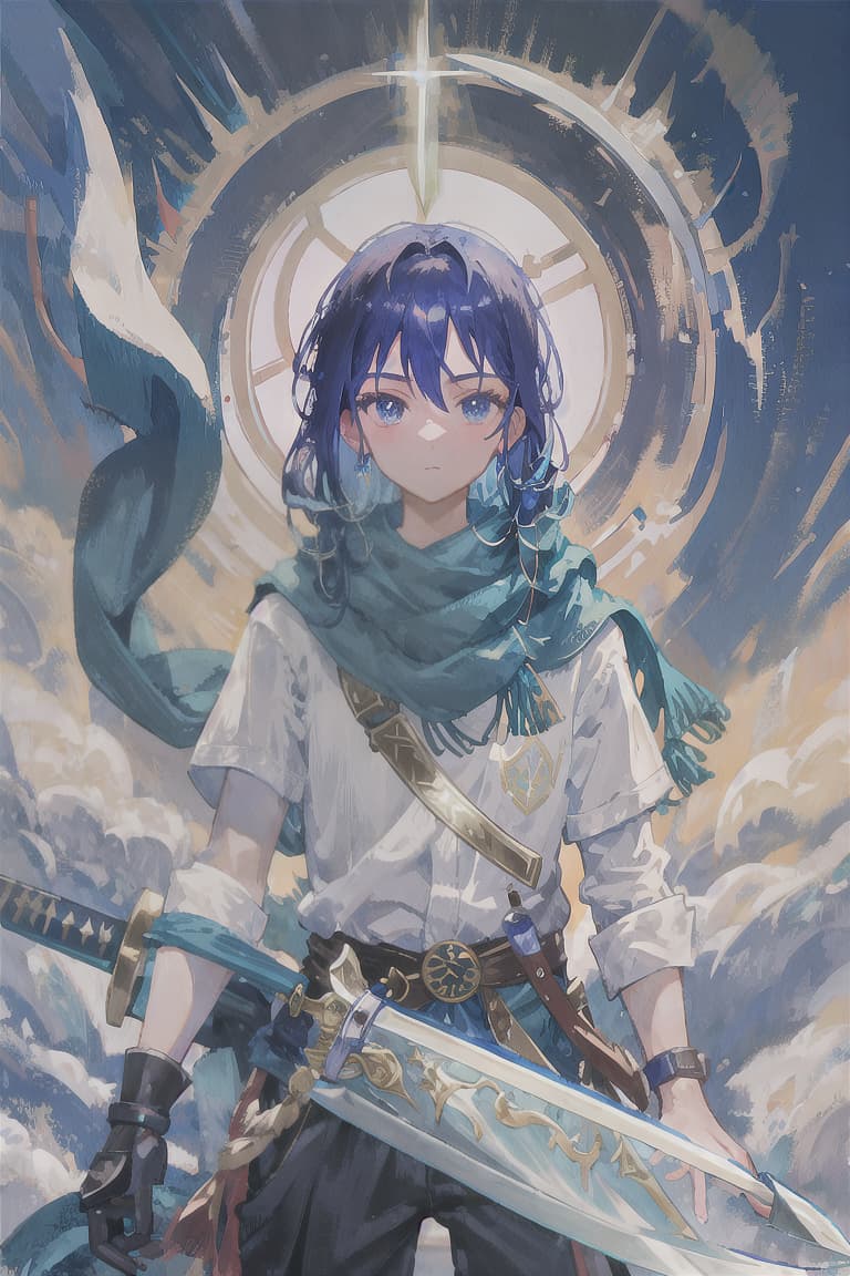  master piece , best quality,Blue hair, long straight hair, male, knight, magic sword and holy sword, blue scarf