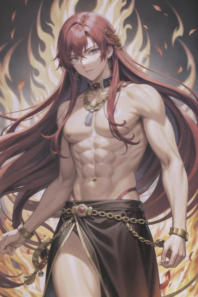  master piece , best quality,Red hair, long hair, adult male, spirit of fire, golden chain