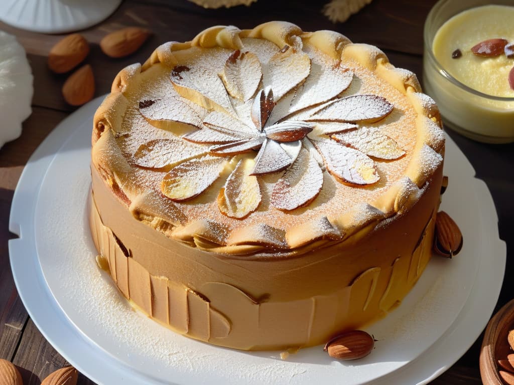  A closeup, ultradetailed image of a freshly baked glutenfree almond cake, decorated with sliced almonds and a light dusting of powdered sugar, placed on a minimalist white ceramic plate against a soft, blurred background of a rustic wooden table. The cake's golden crust glistens under a warm, natural light, showcasing its moist and fluffy texture, inviting viewers with its simple yet elegant presentation. hyperrealistic, full body, detailed clothing, highly detailed, cinematic lighting, stunningly beautiful, intricate, sharp focus, f/1. 8, 85mm, (centered image composition), (professionally color graded), ((bright soft diffused light)), volumetric fog, trending on instagram, trending on tumblr, HDR 4K, 8K