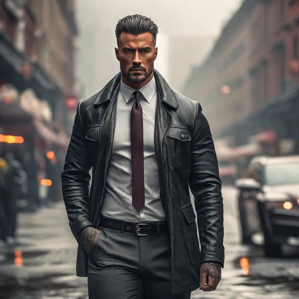  handsome criminal hyperrealistic, full body, detailed clothing, highly detailed, cinematic lighting, stunningly beautiful, intricate, sharp focus, f/1. 8, 85mm, (centered image composition), (professionally color graded), ((bright soft diffused light)), volumetric fog, trending on instagram, trending on tumblr, HDR 4K, 8K