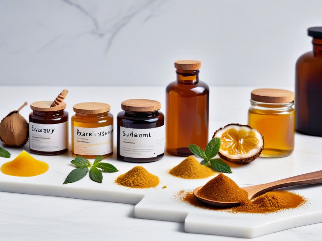  A closeup, ultradetailed image of a variety of natural sweeteners neatly arranged on a sleek, minimalist white marble surface. The selection includes honey in a goldenhued glass jar, maple syrup in a slender bottle with a wooden cap, a small pile of coconut sugar in a matte black bowl, and a few stevia leaves artfully scattered around the containers. The natural light streaming in from the side delicately highlights the textures and colors of each sweetener, creating a visually stunning and appetizing composition. hyperrealistic, full body, detailed clothing, highly detailed, cinematic lighting, stunningly beautiful, intricate, sharp focus, f/1. 8, 85mm, (centered image composition), (professionally color graded), ((bright soft diffused light)), volumetric fog, trending on instagram, trending on tumblr, HDR 4K, 8K