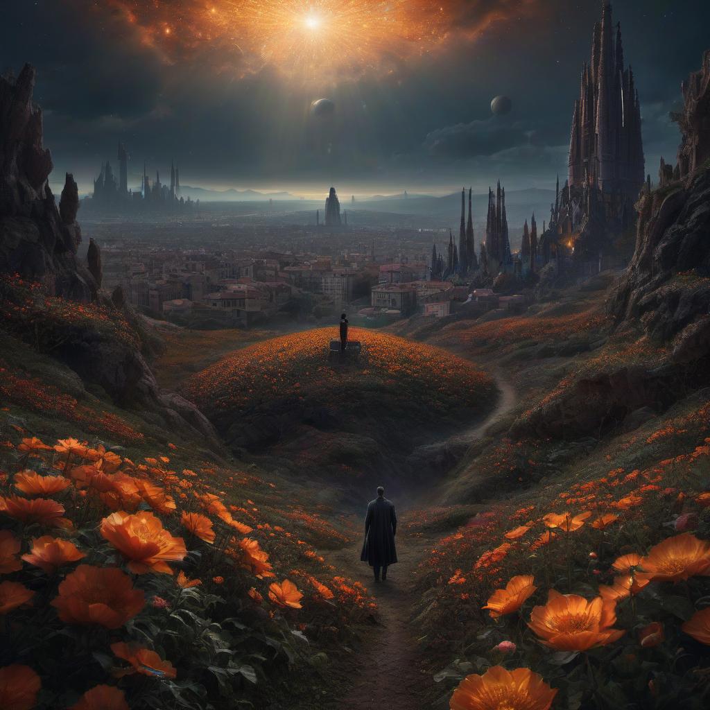  (stylized by Tomasz Alen Kopera:1.3) , dark art, dense flower field and Perseid meteor in background, landscape of a (Barcelona:1.2) , very Bizarre and 1600'S, Hurricane, Glitchcore, Amaro, layered textures, ornate, intricate artistic color, complimentary colors, very inspirational, atmosphere, fine artistic composition, sunny, theatrical hyperrealistic, full body, detailed clothing, highly detailed, cinematic lighting, stunningly beautiful, intricate, sharp focus, f/1. 8, 85mm, (centered image composition), (professionally color graded), ((bright soft diffused light)), volumetric fog, trending on instagram, trending on tumblr, HDR 4K, 8K