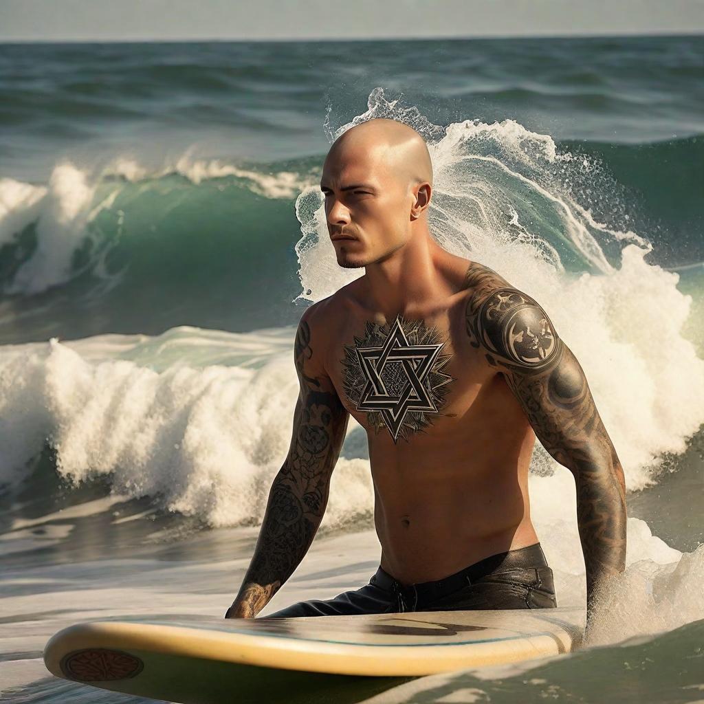  A handsome young man with cool black tattoos on his arms, including a tattoo of a Star of David and a menacing lion. His hairstyle is crazy: his scalp is bald and the hair on top is cascading and short and inclined backward. He glides on a surfboard and stands on it in a 'tube' of a high, powerful wave. The sun's rays refract through the water and illuminate his face, adding drama and magic to the picture