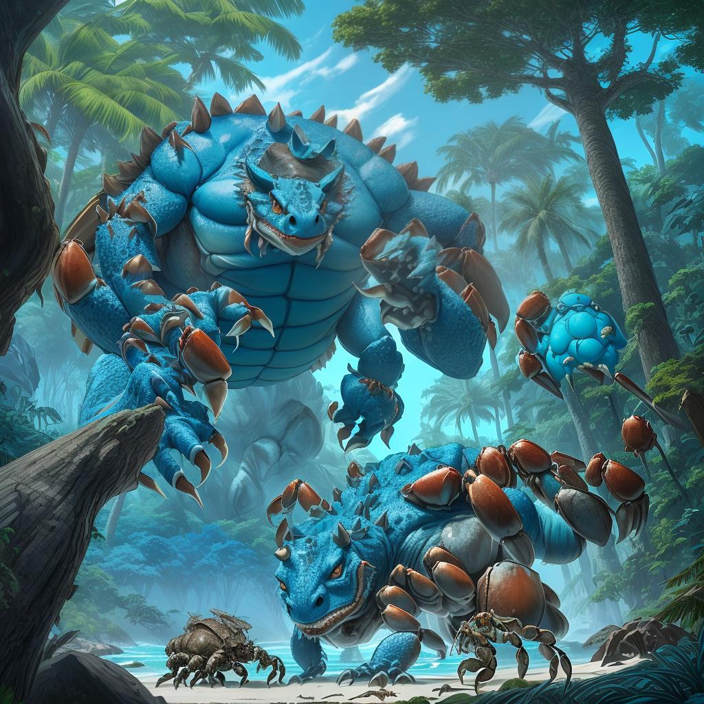  legendary crabs , big creature monsters, blue colorsturtle big like island in the back, so many trees and beachscout bird, brown colorwooden caravanhippogriffin, blue fur,