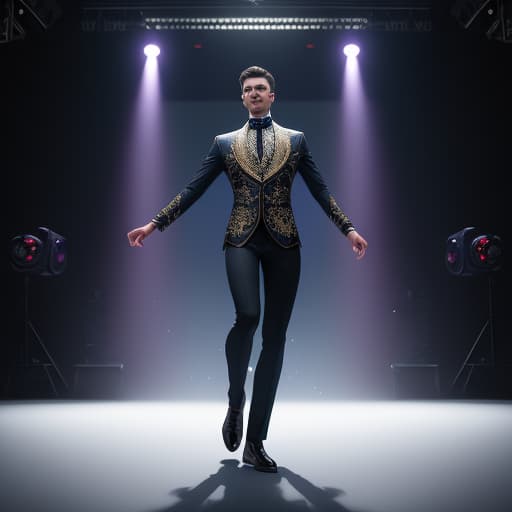  a boy dancing on stage, cyber cinematic, colorful background, abstract hyperrealistic, full body, detailed clothing, highly detailed, cinematic lighting, stunningly beautiful, intricate, sharp focus, f/1. 8, 85mm, (centered image composition), (professionally color graded), ((bright soft diffused light)), volumetric fog, trending on instagram, trending on tumblr, HDR 4K, 8K