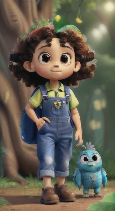  {The tree with a twinkling eye, while its leaves gently rustle., Riley, a curious with big brown eyes and curly hair, wearing overalls and carrying a small backpack. Their friend, Skye, a bluebird with shiny feathers.