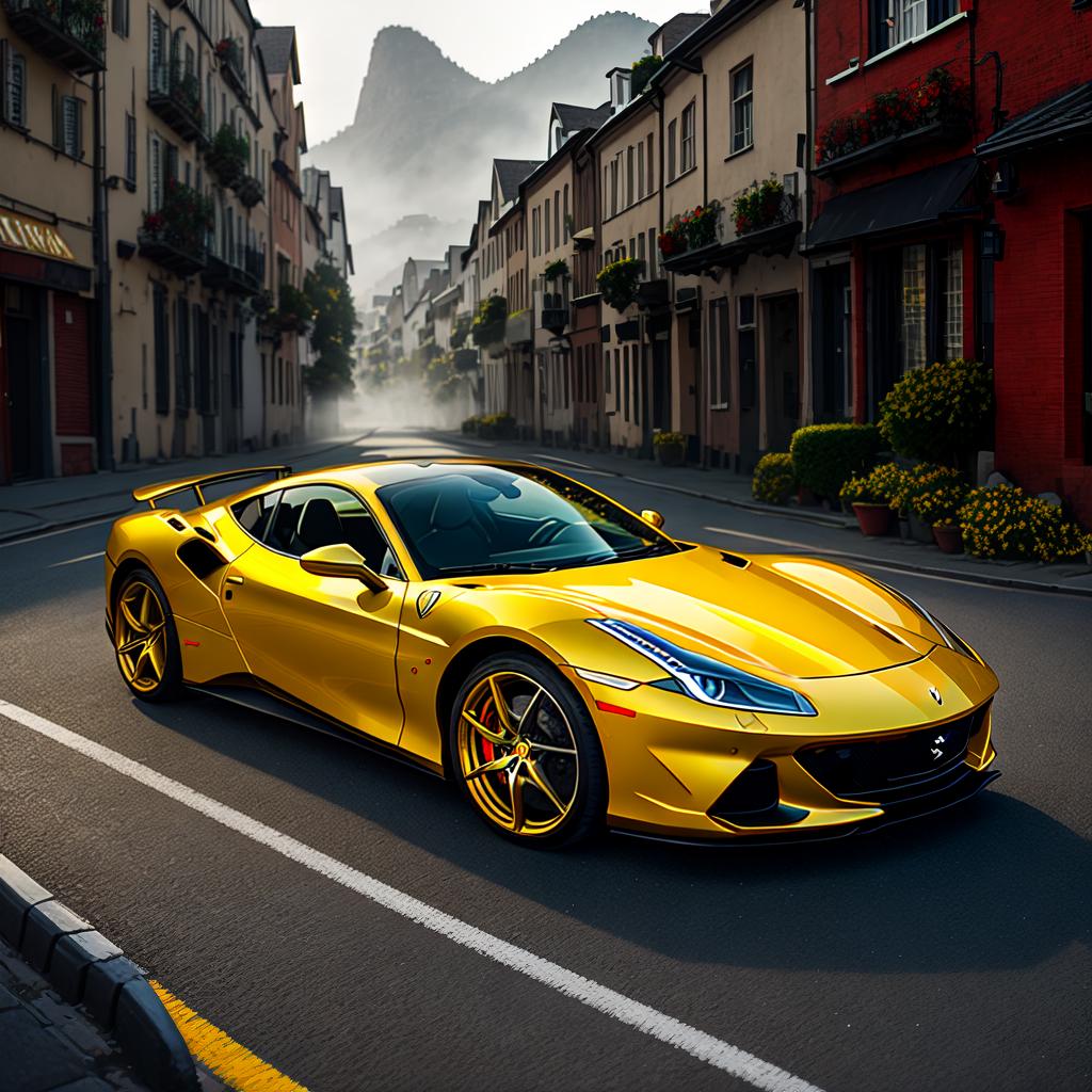  A Ferrari with a golden plated Glock on the dash and money surrounding it hyperrealistic, full body, detailed clothing, highly detailed, cinematic lighting, stunningly beautiful, intricate, sharp focus, f/1. 8, 85mm, (centered image composition), (professionally color graded), ((bright soft diffused light)), volumetric fog, trending on instagram, trending on tumblr, HDR 4K, 8K