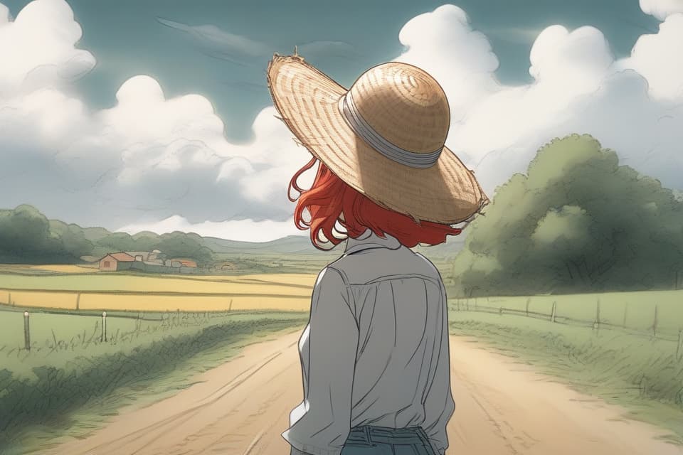  (((Masterpiece))),((( line drawing1.5))),((( colorful line))),one woman,straw hat,red hair color,back view,incoming clouds,country road,hills,fields,scattered street trees,super analysis,super high quality,margins,fine detail,Masterpiece,