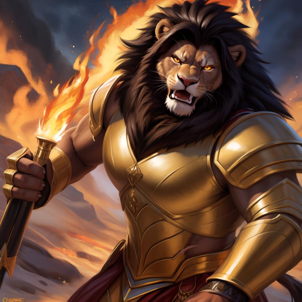  By chunie, by Meesh, portrait, close-up view, detailed eyes, glowing eyes:2, sharp detail, masterpiece, photorealistic, solo, anthro, male, lion, scar on face, a lions fighting in a battlefield, holds a golden weapon, fighting, roaring, angry face:2, serious face:2, rage, zoom in on face, enraged:2, sparkling red and gold armor:2, surrounded by glowing flames:2, fireland, sparkling fire in background:2, ultra detailed sparkling flame, ultra detailed sparkling red and gold armor:2, sfw, thick body, muscular body, stare at the camera, open eyes, digital art, masterpiece, 4k, fine details,