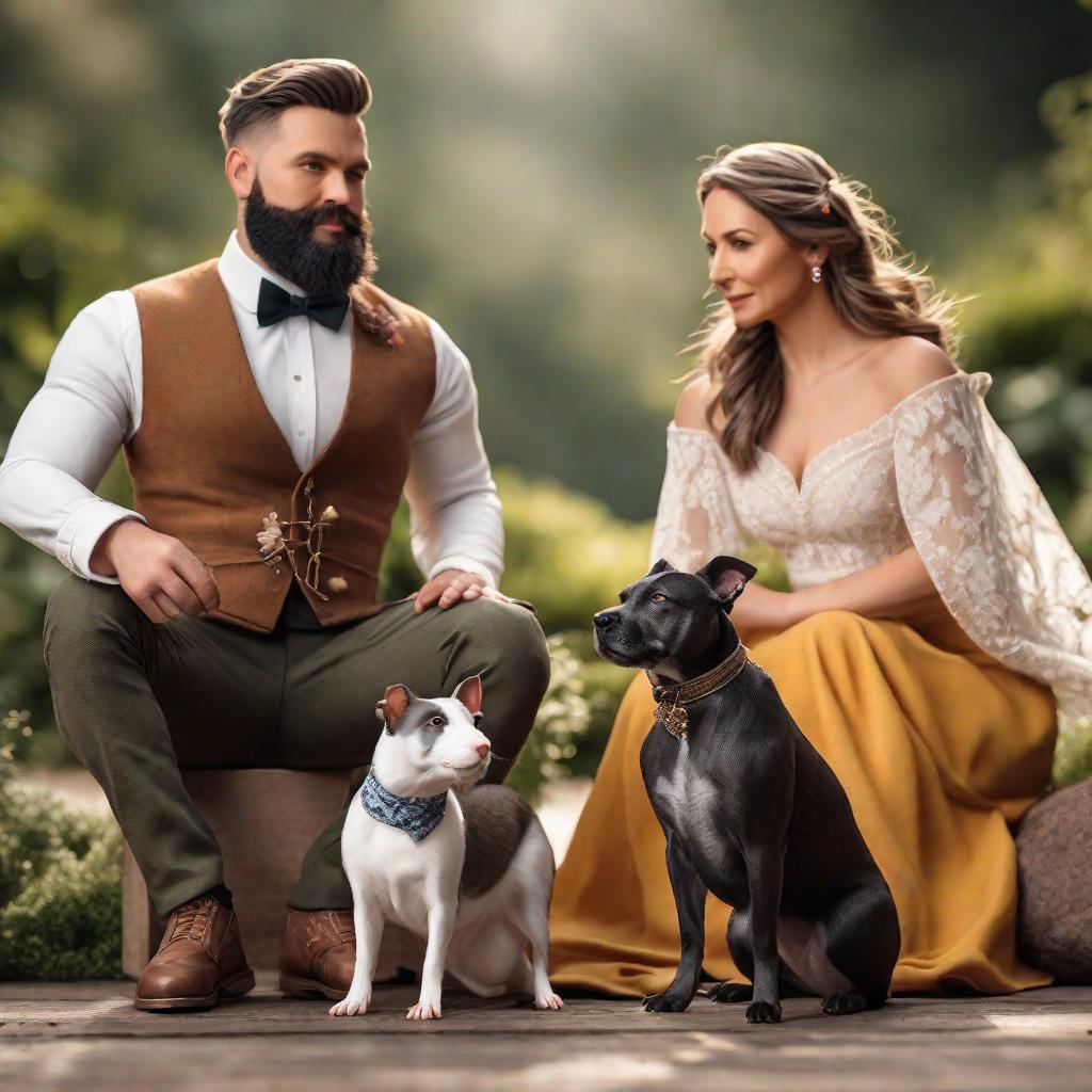  photo of couple for YouTube miniature showing man with a beard and his wife, his 3 rats and 2 Staffordshire bull terriers hyperrealistic, full body, detailed clothing, highly detailed, cinematic lighting, stunningly beautiful, intricate, sharp focus, f/1. 8, 85mm, (centered image composition), (professionally color graded), ((bright soft diffused light)), volumetric fog, trending on instagram, trending on tumblr, HDR 4K, 8K