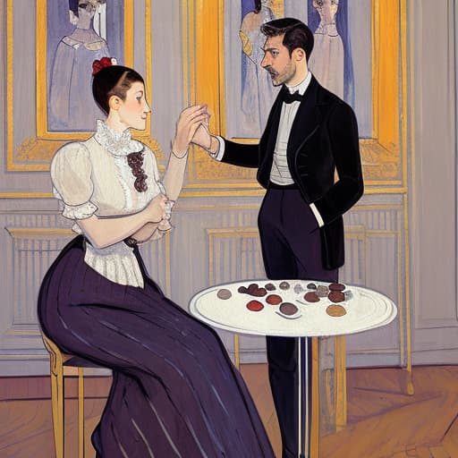  attractive young Parisian couple dressed in modern designer outfits who are romantically together in Paris. Foreground a small plate of fine dark chocolates on a bedside table. Background dusk with a light interior of the Louvre Museum. Painting style of Henri de Toulouse-Lautrec