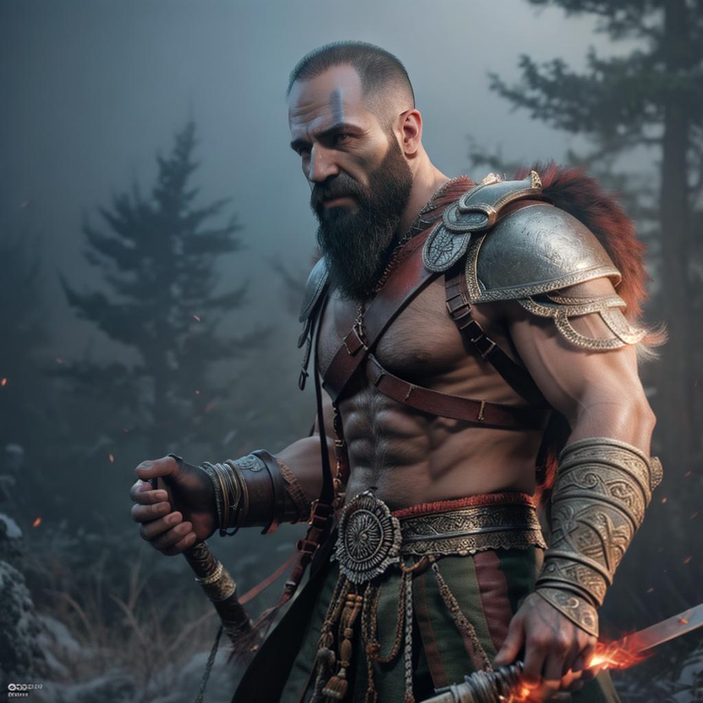  God of war hyperrealistic, full body, detailed clothing, highly detailed, cinematic lighting, stunningly beautiful, intricate, sharp focus, f/1. 8, 85mm, (centered image composition), (professionally color graded), ((bright soft diffused light)), volumetric fog, trending on instagram, trending on tumblr, HDR 4K, 8K